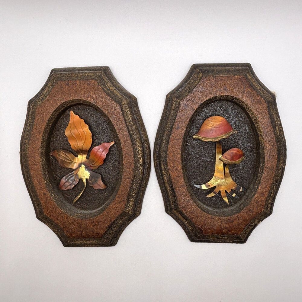 Vintage 1970s MCM HOMCO Mushroom & Maple Leaf Copper Metal Wall Art Plaques